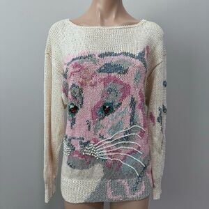 Nannell Vintage Beaded Pearl Leopard Cheetah Pink Unique Knit Sweater Medium